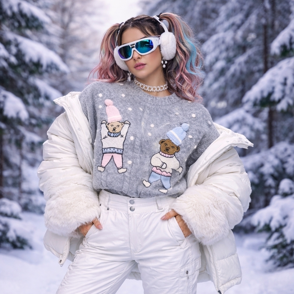 Rene Derhy Paris Gray Sweater with Bear Design Size M Lambswool